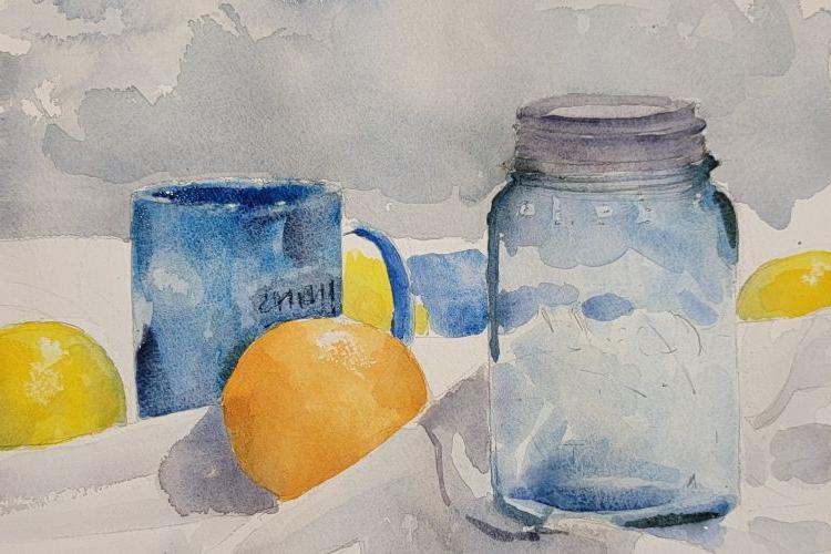 watercolor work depicting glassware and citrus